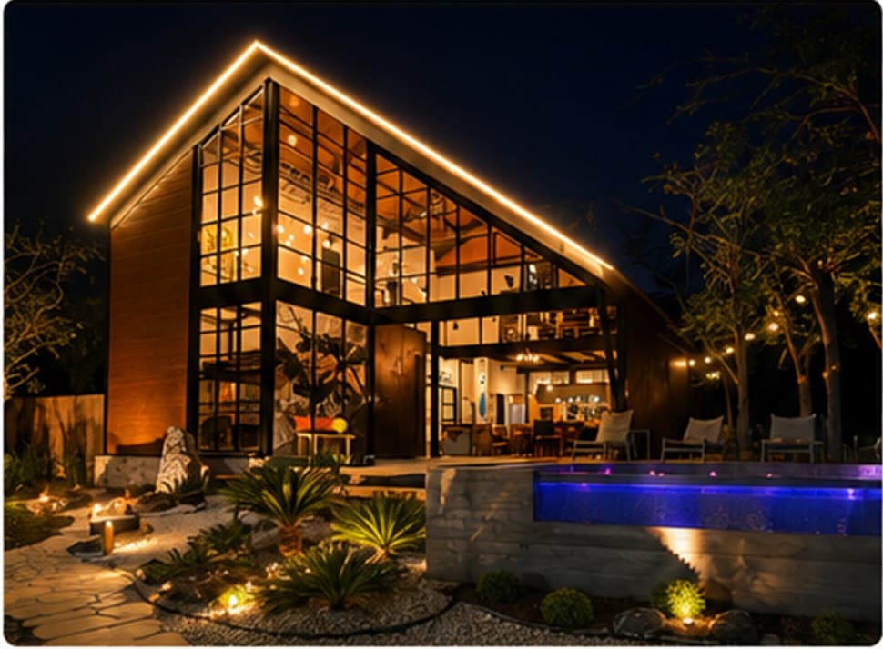 Fachada iluminada do loft à noite
