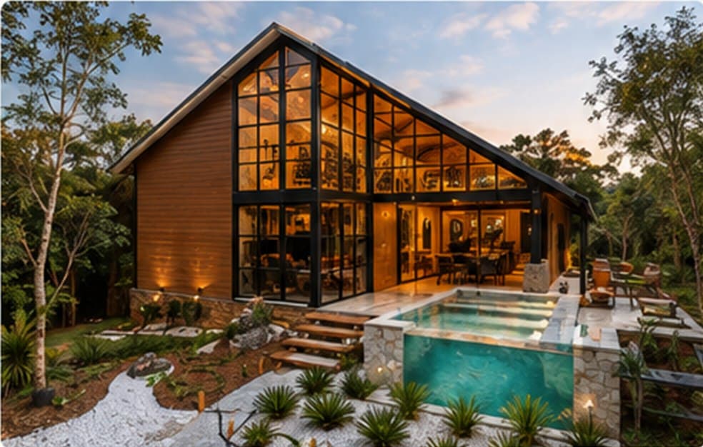 Chalé de arquitetura contemporânea com piscina privativa ao entardecer, em meio ao cerrado